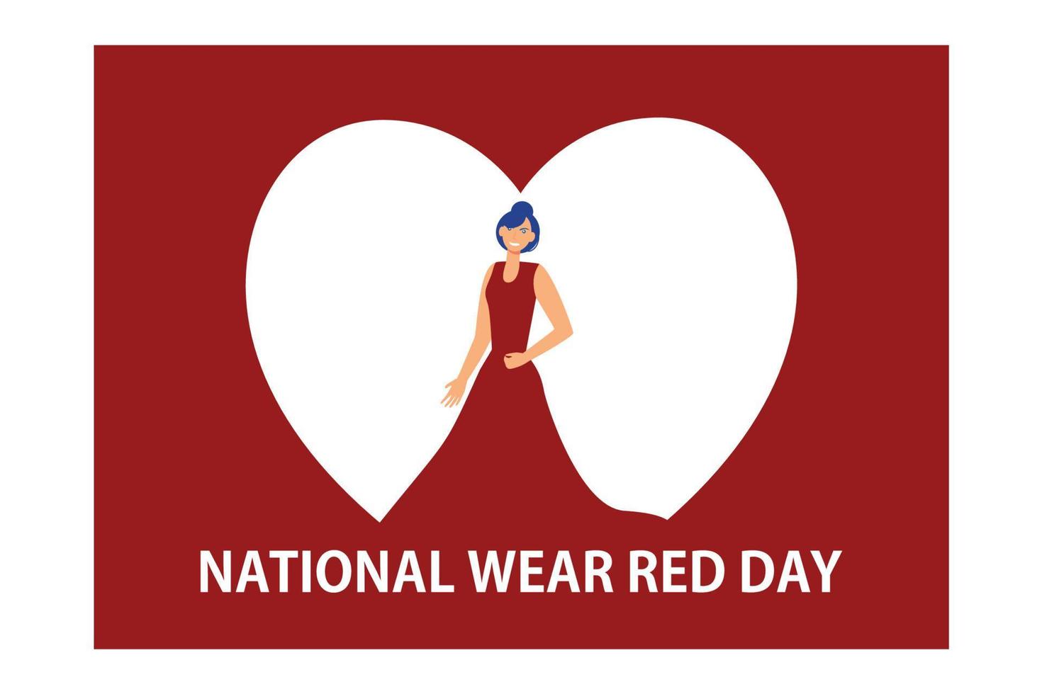 journée nationale d'usure rouge - texte avec différentes polices. femme en robe de soirée rouge regardant en arrière, illustration moderne de vecteur plat