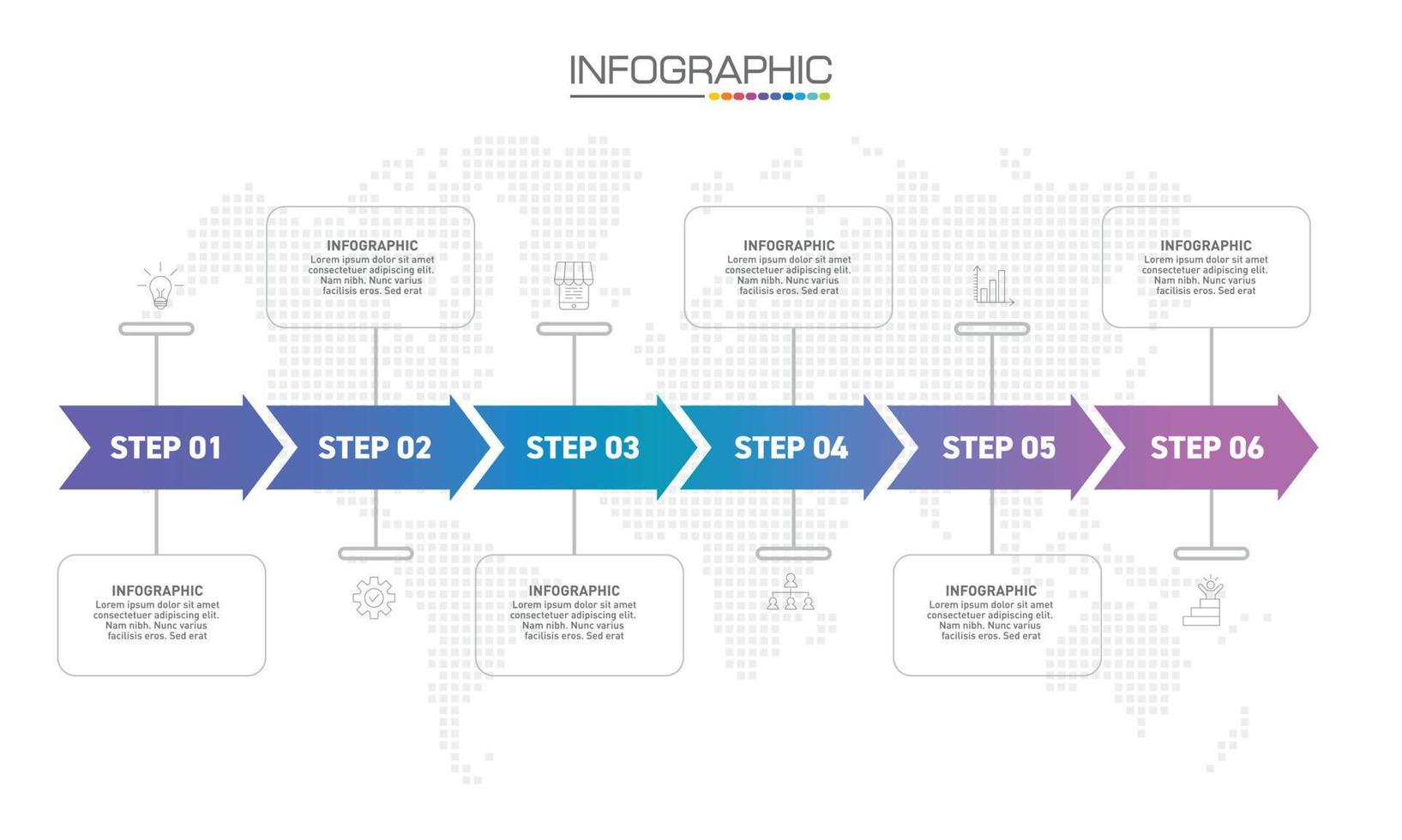 conception infographique 6 étapes avec des icônes marketing peuvent être utilisées pour la mise en page du flux de travail, le diagramme, le rapport annuel, la conception Web. vecteur