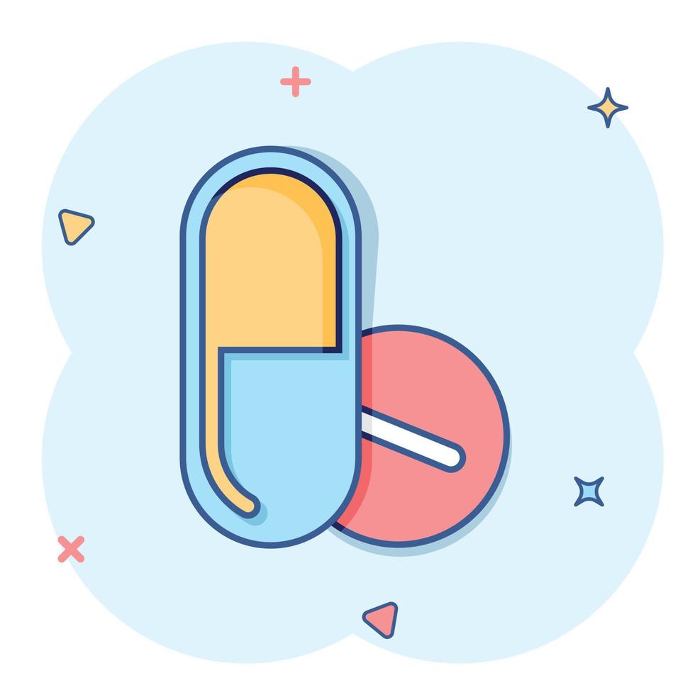 icône de capsule de pilule dans le style comique. illustration de vecteur de dessin animé de médicaments sur fond blanc isolé. concept d'entreprise d'effet d'éclaboussure de pharmacie.