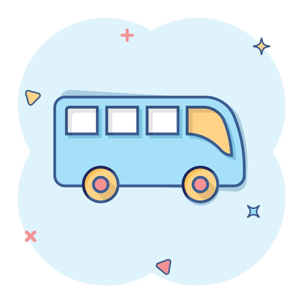 icône de bus dans le style comique. illustration vectorielle de dessin animé d'entraîneur sur fond blanc isolé. concept d'entreprise d'effet d'éclaboussure de véhicule autobus. vecteur