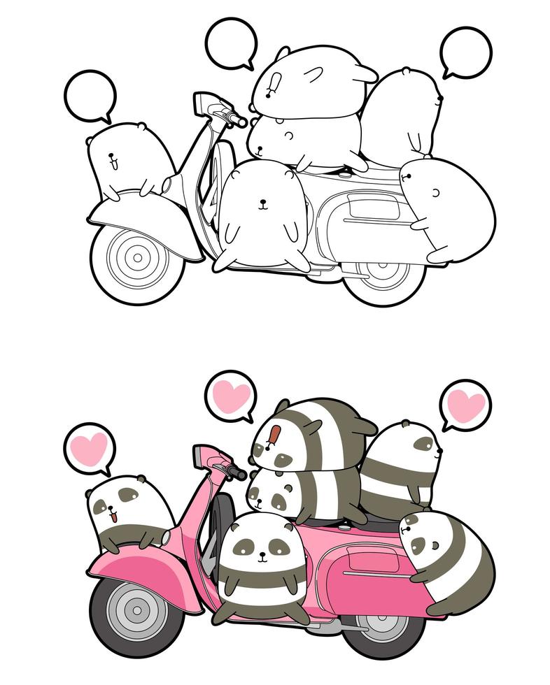Pandas et coloriage de dessin animé de moto vecteur