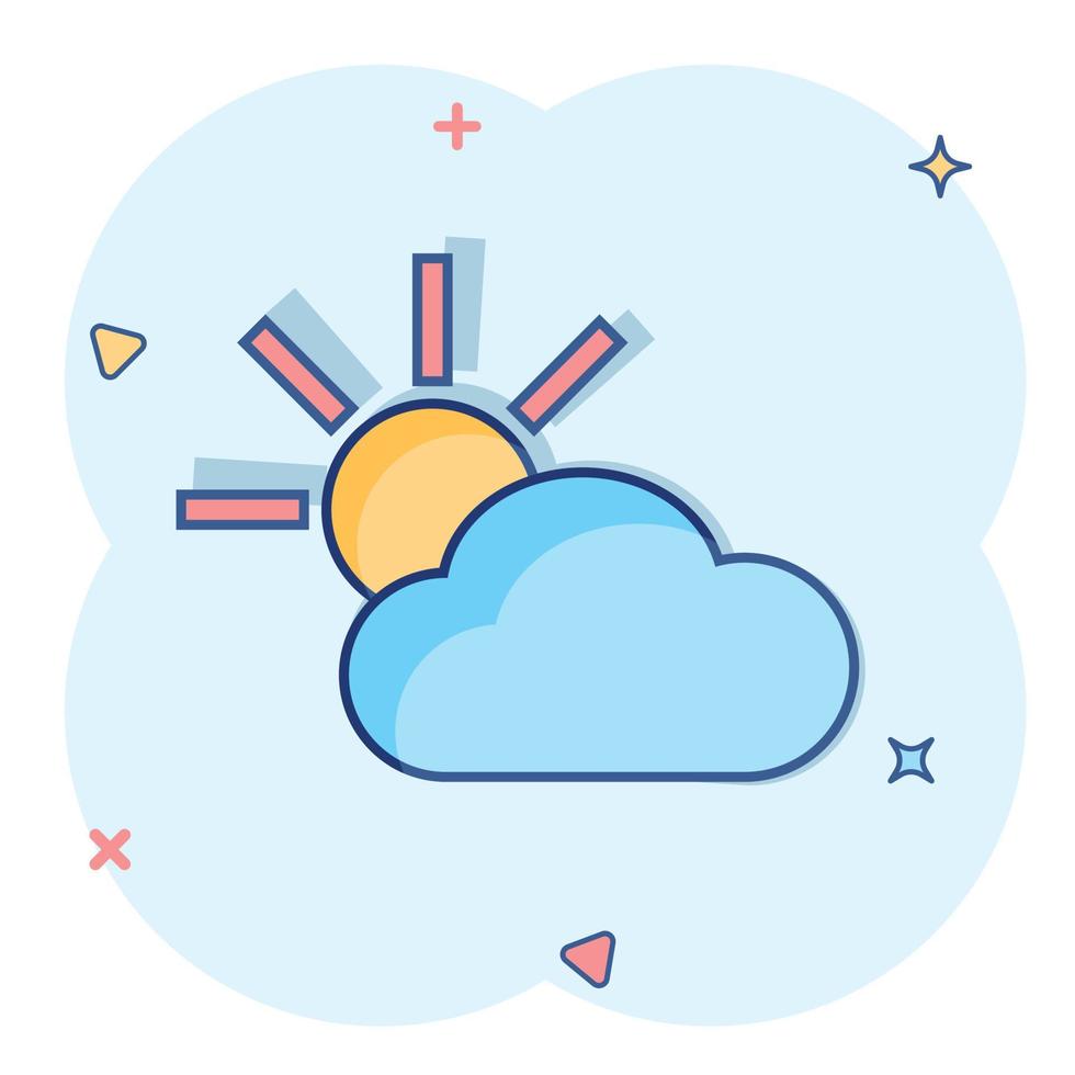 icône de prévision météo de dessin animé de vecteur dans le style comique. soleil avec pictogramme d'illustration de concept de nuages. concept d'effet splash business cloud.