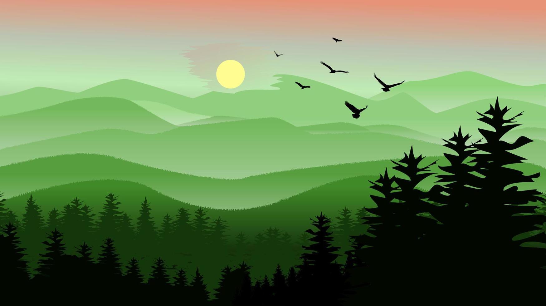 incroyable paysage de montagne verte au matin image graphique icône logo design abstrait concept vecteur stock. peut être utilisé comme symbole lié à l'arrière-plan ou au modèle