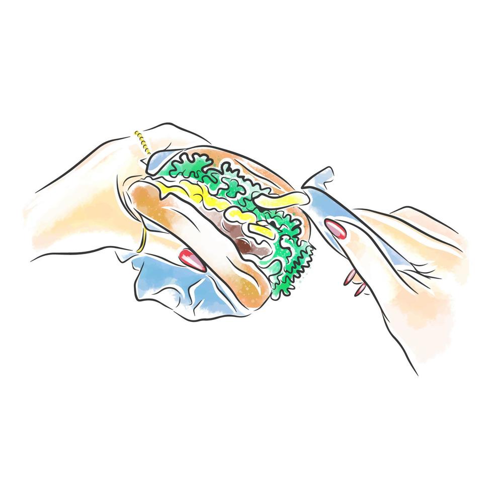 manger un hamburger avec de la sauce, des mains aux ongles longs, de la nourriture de rue vecteur