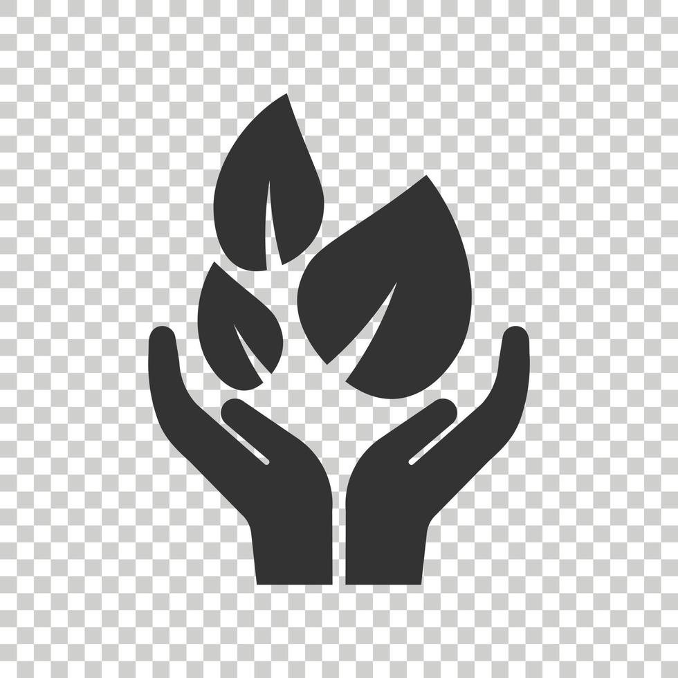 main avec l'icône de la plante dans un style plat. illustration vectorielle de germe de fleur sur fond blanc isolé. concept d'entreprise de signe de protection de l'environnement. vecteur