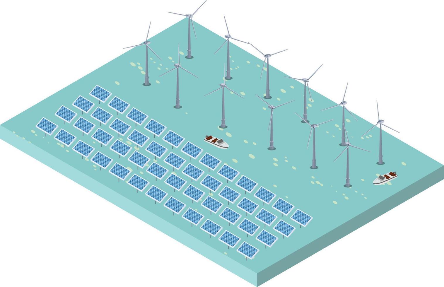 scène isométrique d'éoliennes générant de l'électricité et des panneaux de ferme solaire dans l'océan fluvial vecteur