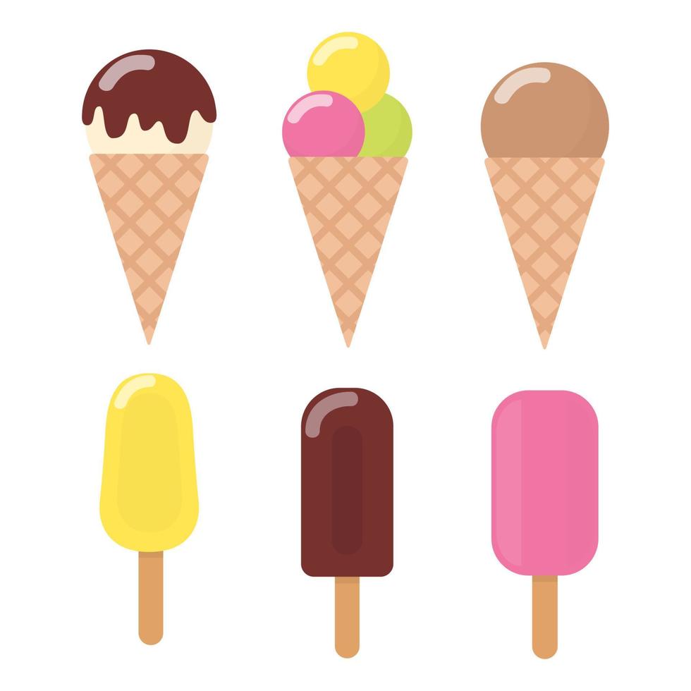 jeu d'icônes colorées de crème glacée. collection de cônes de crème glacée avec différentes garnitures isolées sur fond blanc. illustration vectorielle. vecteur