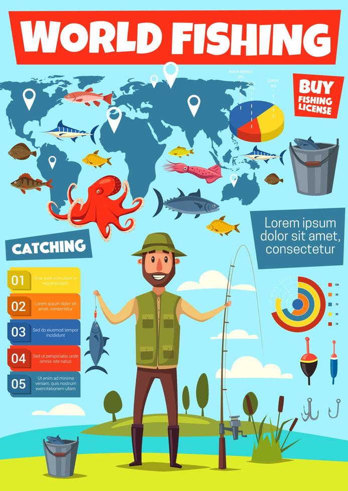 infographie de sport de pêche avec tableau de capture de poisson vecteur