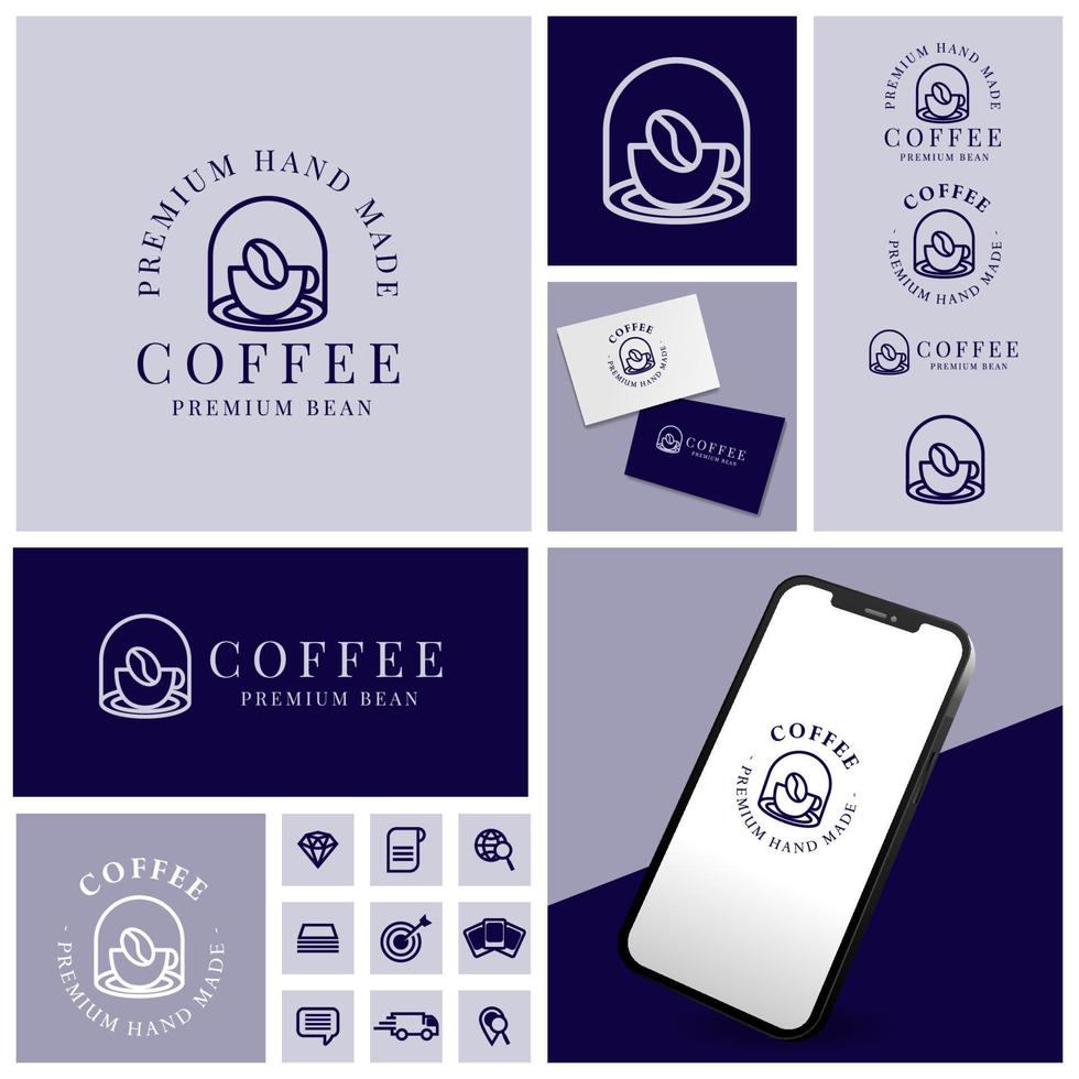 logo professionnel de vecteur de café café mignon avec jeu d'icônes