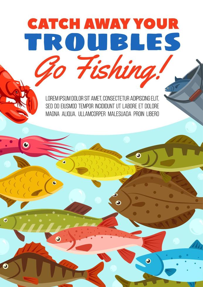 affiche de vecteur de capture de pêche avec des fruits de mer et du poisson