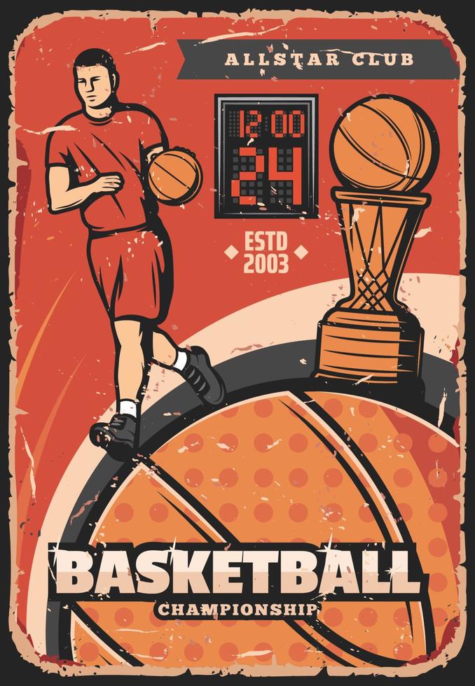 affiche vintage de basket-ball, joueur avec ballon vecteur