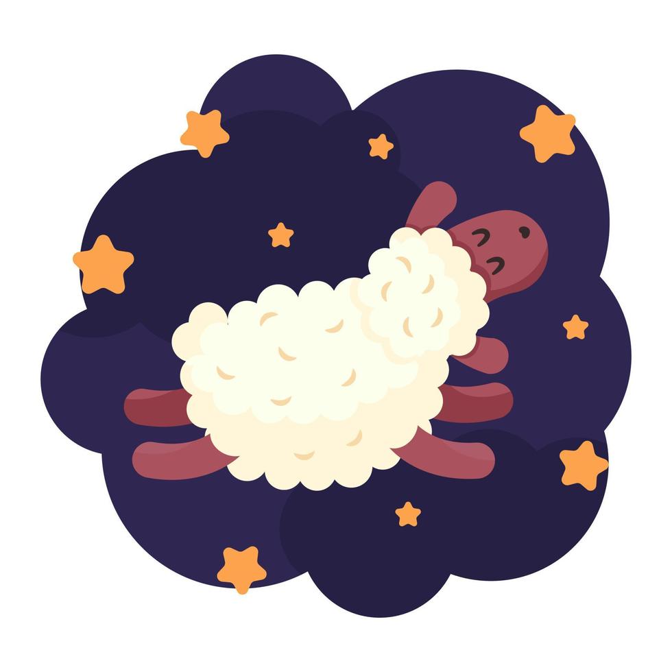 moutons en pose de saut sur fond de nuit avec des étoiles. compter les moutons sautant par-dessus la clôture avant de se coucher. drôles d'agneaux. rêver, se détendre, compter, insomnie, sommeil de bébé, insomnie. vecteur