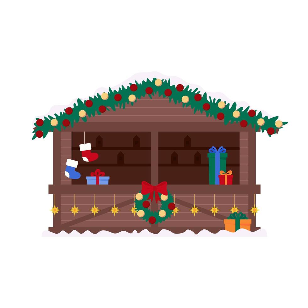 kiosque de décrochage en bois du marché de noël sur le marché de la foire de rue. stand du festival ouvert. boutique hiver avec branches de sapin, souvenirs, décoration guirlandes, neige, cadeaux, chaussette. maison en bois. dessin animé vecteur