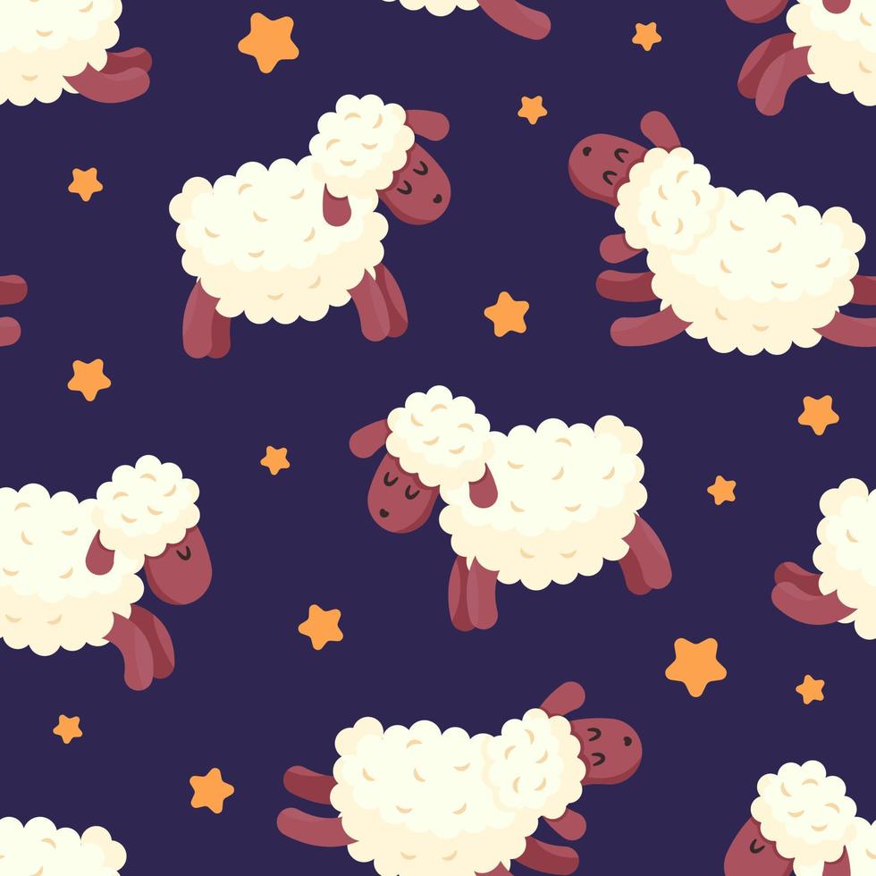 motif de moutons dans différentes poses sur fond de nuit avec des étoiles. compter les moutons sautant par-dessus la clôture avant de se coucher. drôles d'agneaux. rêver, se détendre, compter, insomnie, sommeil de bébé, insomnie. vecteur