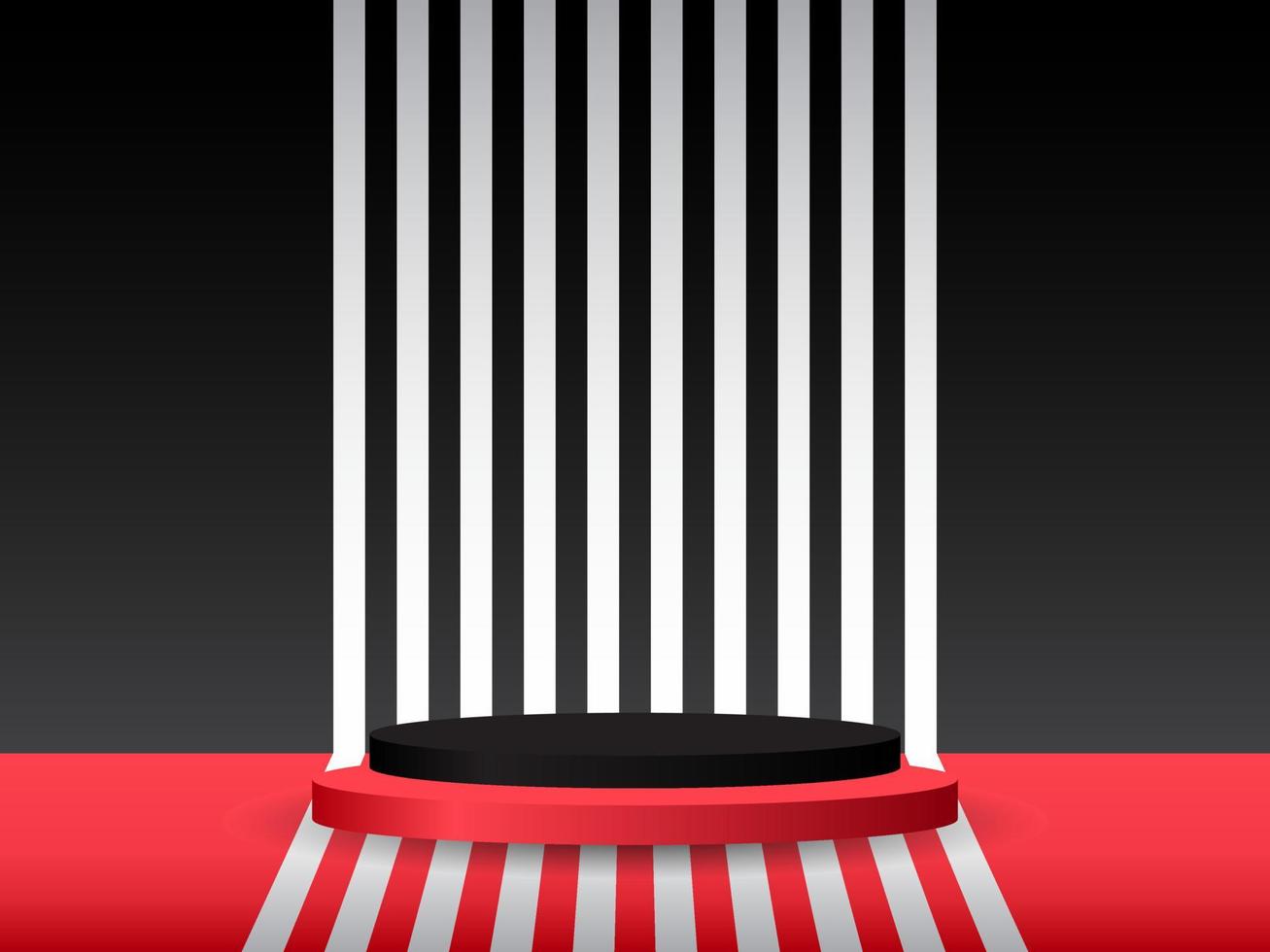 podium de piédestal de cylindre 3d rouge et noir réaliste sur fond rayé. étape minimale pour la démonstration du produit, l'affichage publicitaire. plate-forme de salle de studio de conception abstraite de vecteur