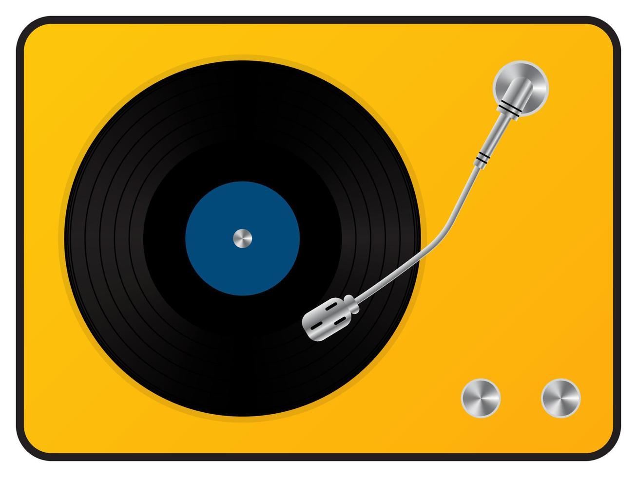 platine de musique rétro pour disques vinyles. lecteur de son gramophone vintage avec disque audio noir avec étiquette turquoise. illustration 3d réaliste de vecteur sur fond jaune