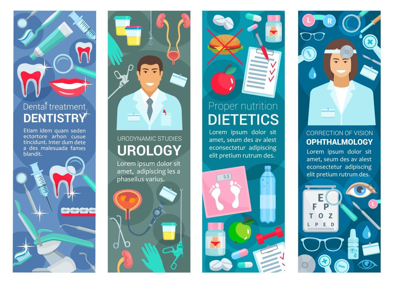 bannières de santé en dentisterie, urologie et diététique vecteur