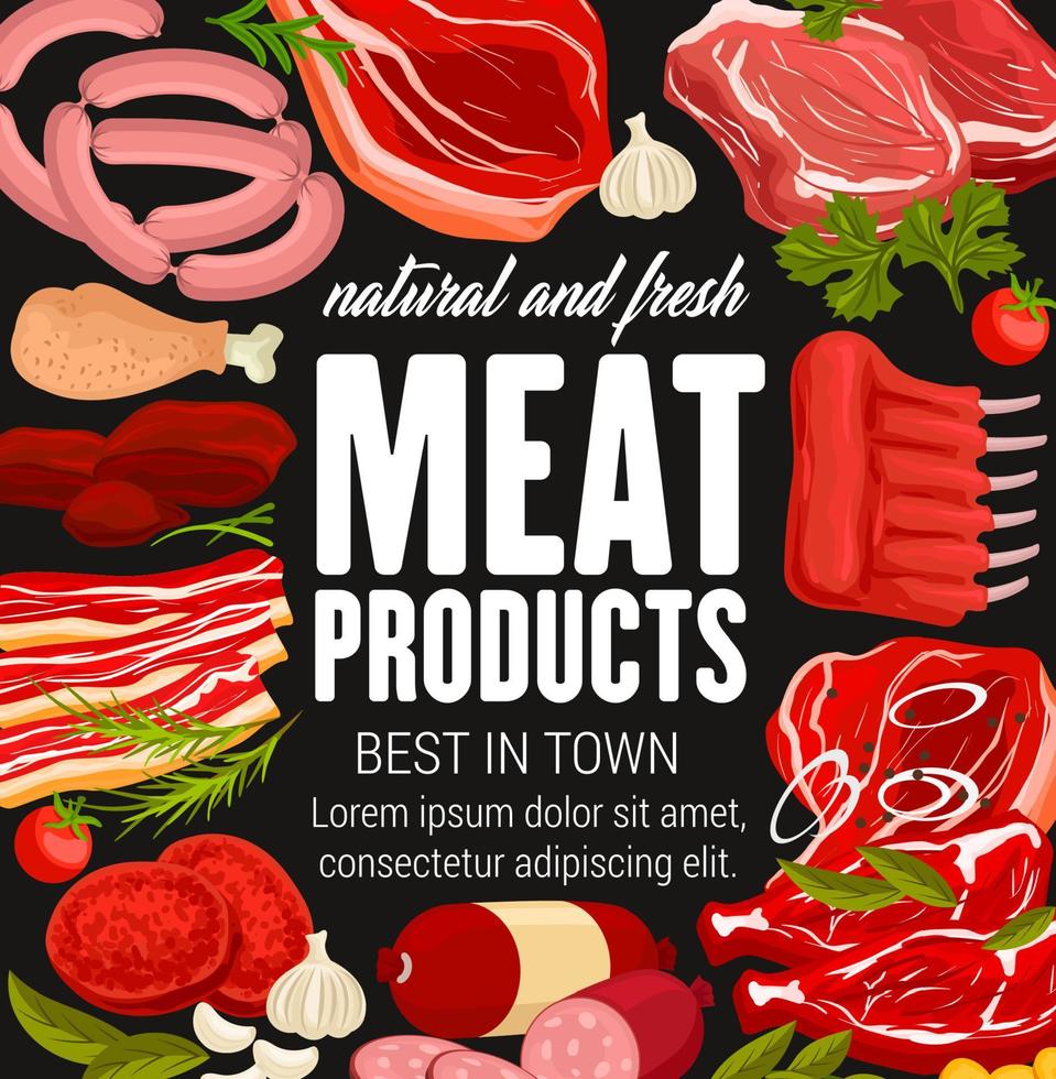 affiche de boucherie avec des produits à base de viande et des saucisses vecteur