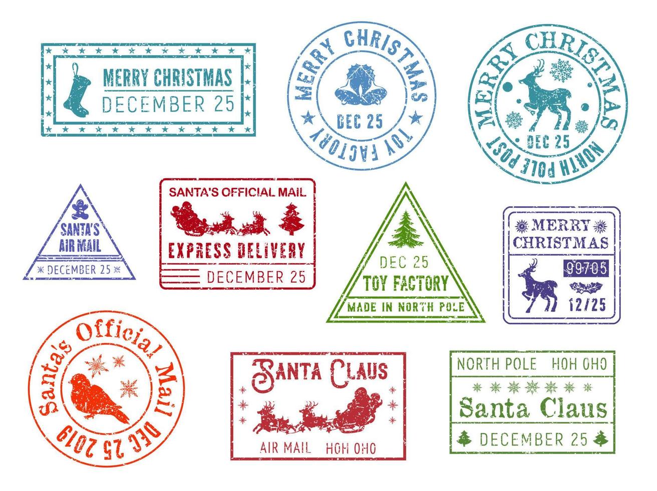 poste de noël, timbres de courrier du père noël vecteur