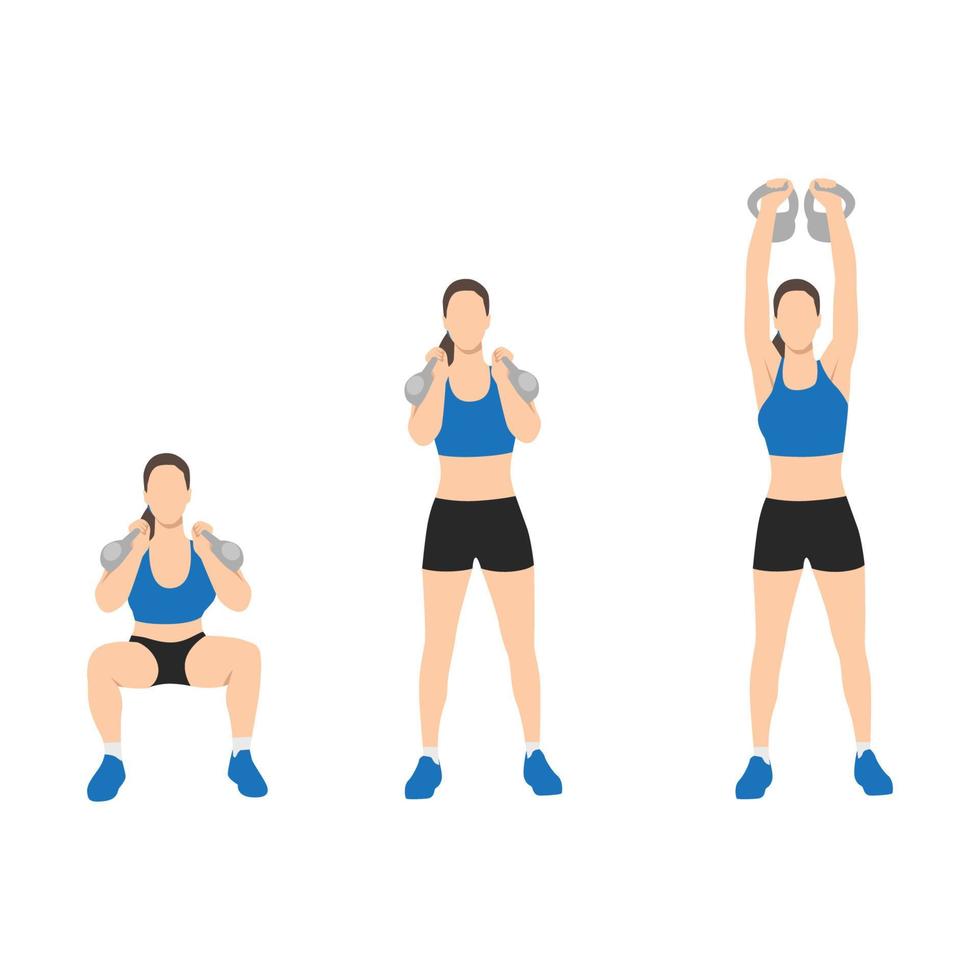 femme faisant un propulseur de kettlebell ou un squat pour nettoyer l'exercice de presse aérienne. illustration de vecteur plat isolé sur fond blanc