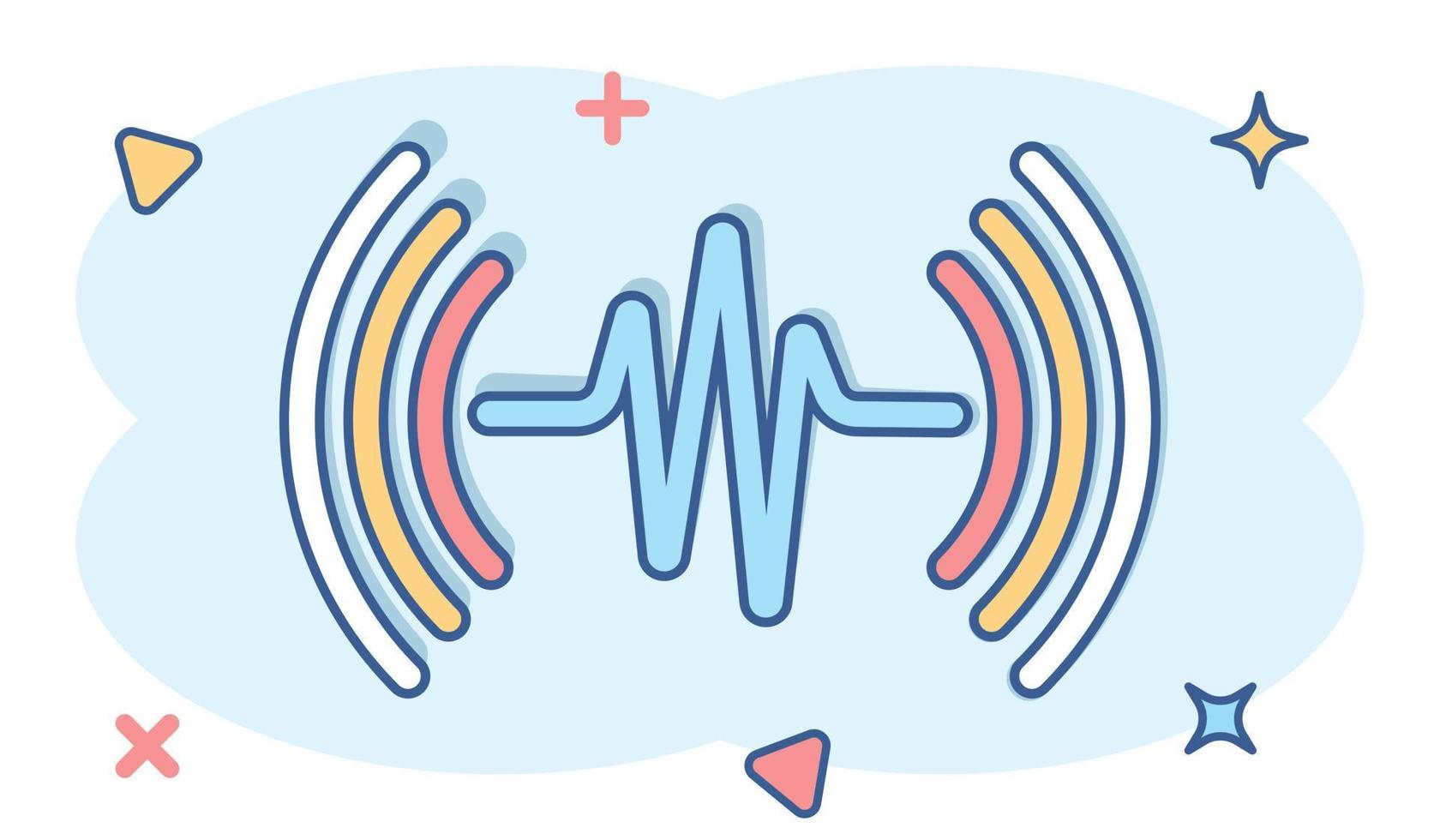 icône d'onde sonore dans le style comique. illustration de dessin animé de vecteur de battement de coeur sur fond blanc isolé. concept d'entreprise d'effet d'éclaboussure de rythme d'impulsion.