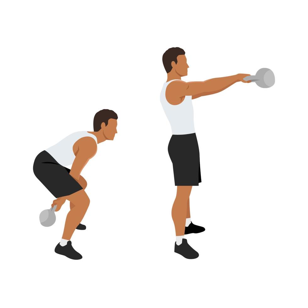 homme faisant deux bras kettlebell swing exercice. illustration de vecteur plat isolé sur fond blanc