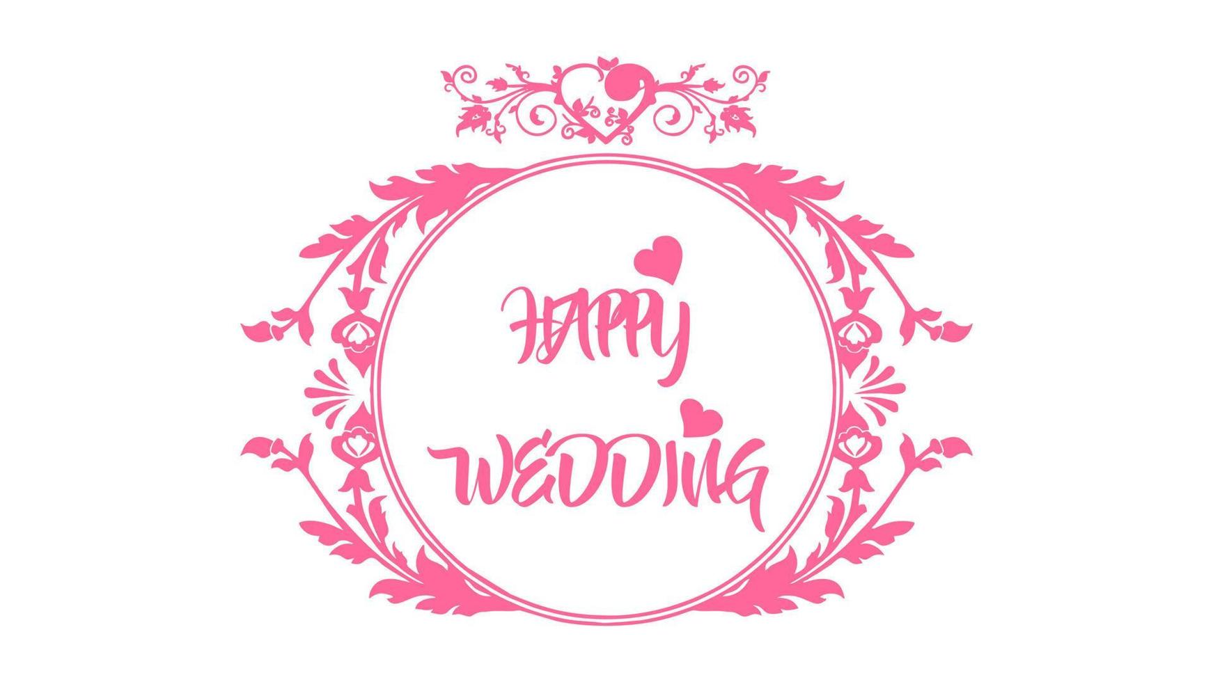 typographie de texte rose joyeux mariage avec ornement floral vecteur