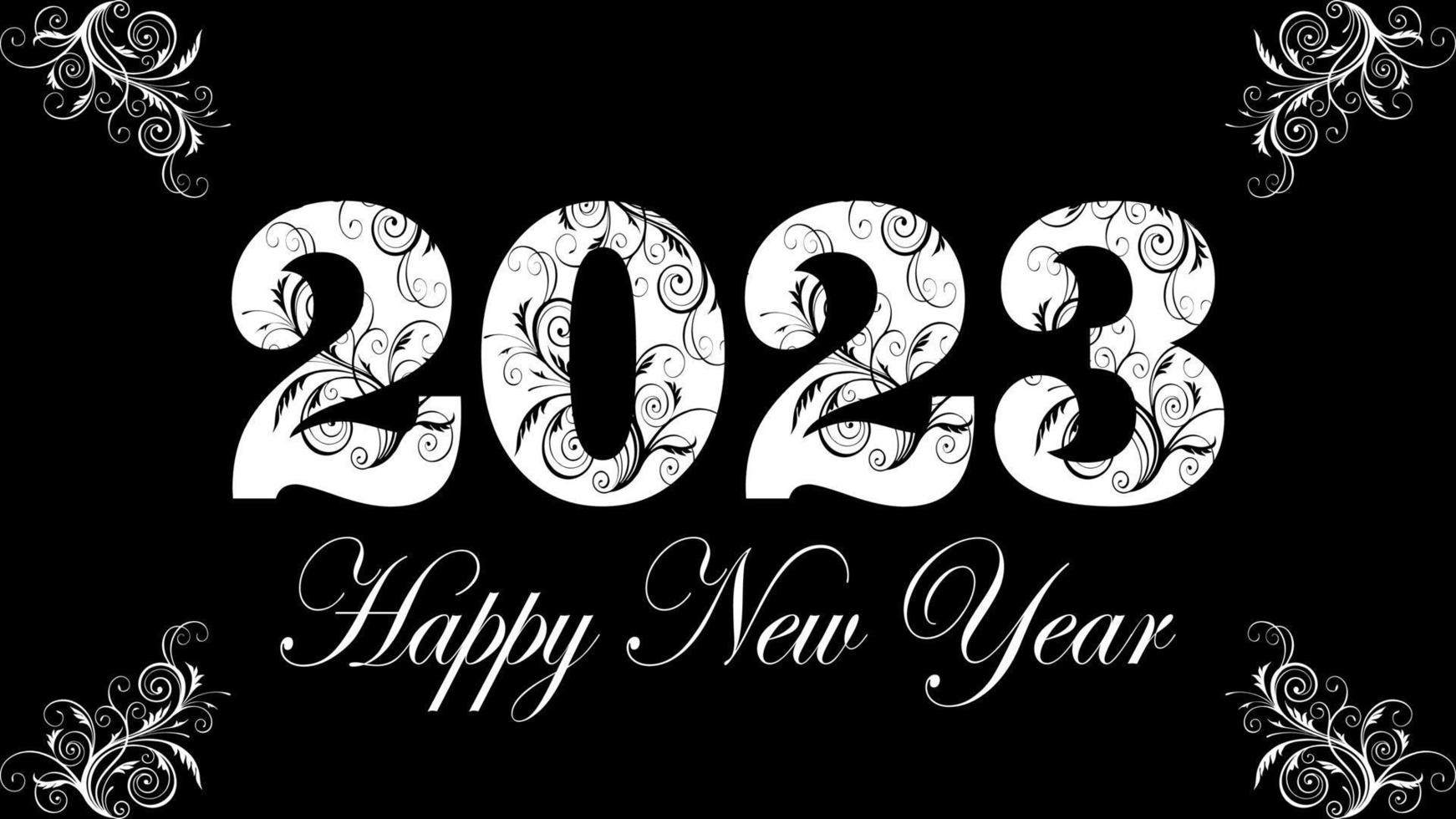 bonne année 2023. ornement floral de texte blanc isolé sur fond noir. adapté pour carte de voeux, bannière, affiche, logo, entreprise vecteur