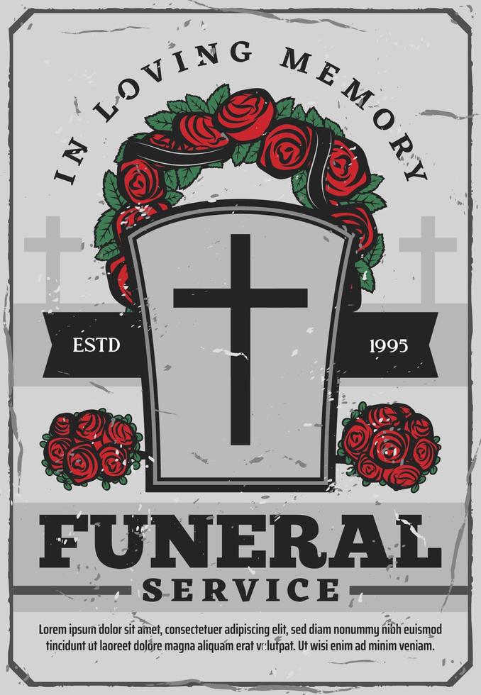 affiche des services funéraires avec pierre tombale et couronne vecteur