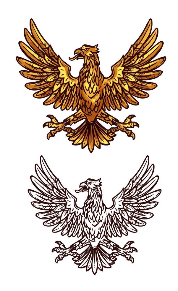 aigle gothique doré, icône de croquis héraldique de vecteur