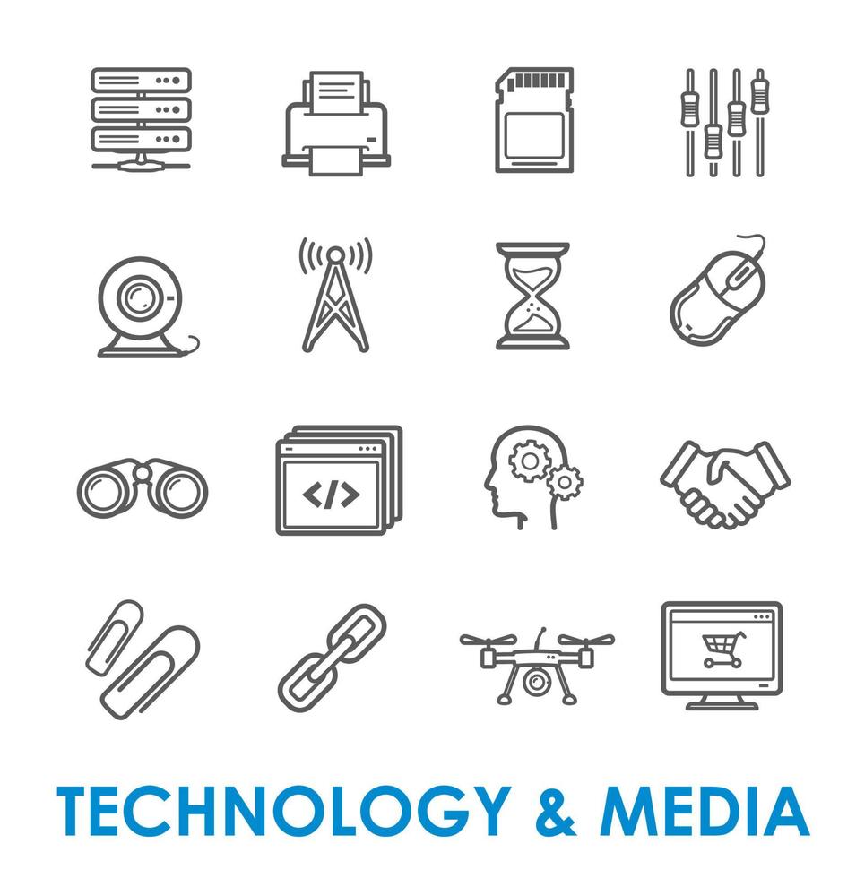 icônes de fine ligne de technologie et de médias vecteur