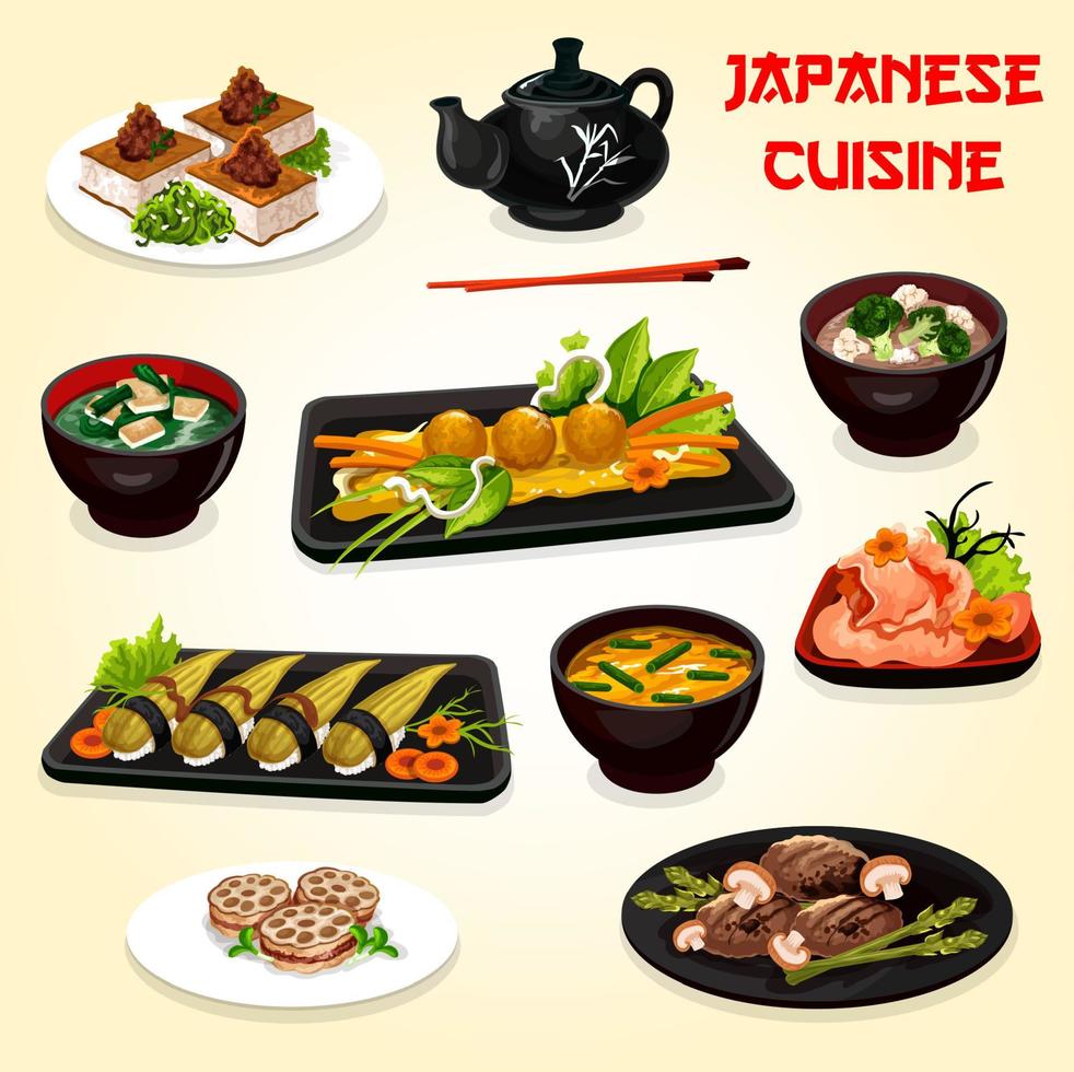 cuisine japonaise sushi, plats de viande et de fruits de mer vecteur