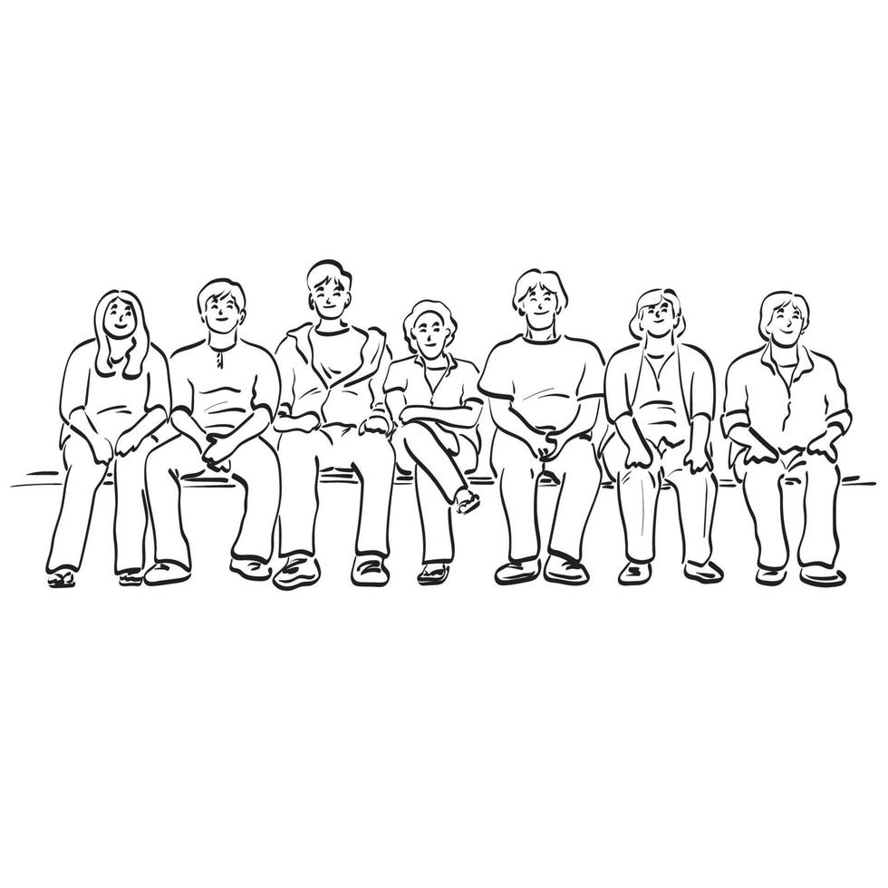 dessin au trait sept personnes assises en ligne en attente d'une illustration d'entretien vecteur dessiné à la main isolé sur fond blanc