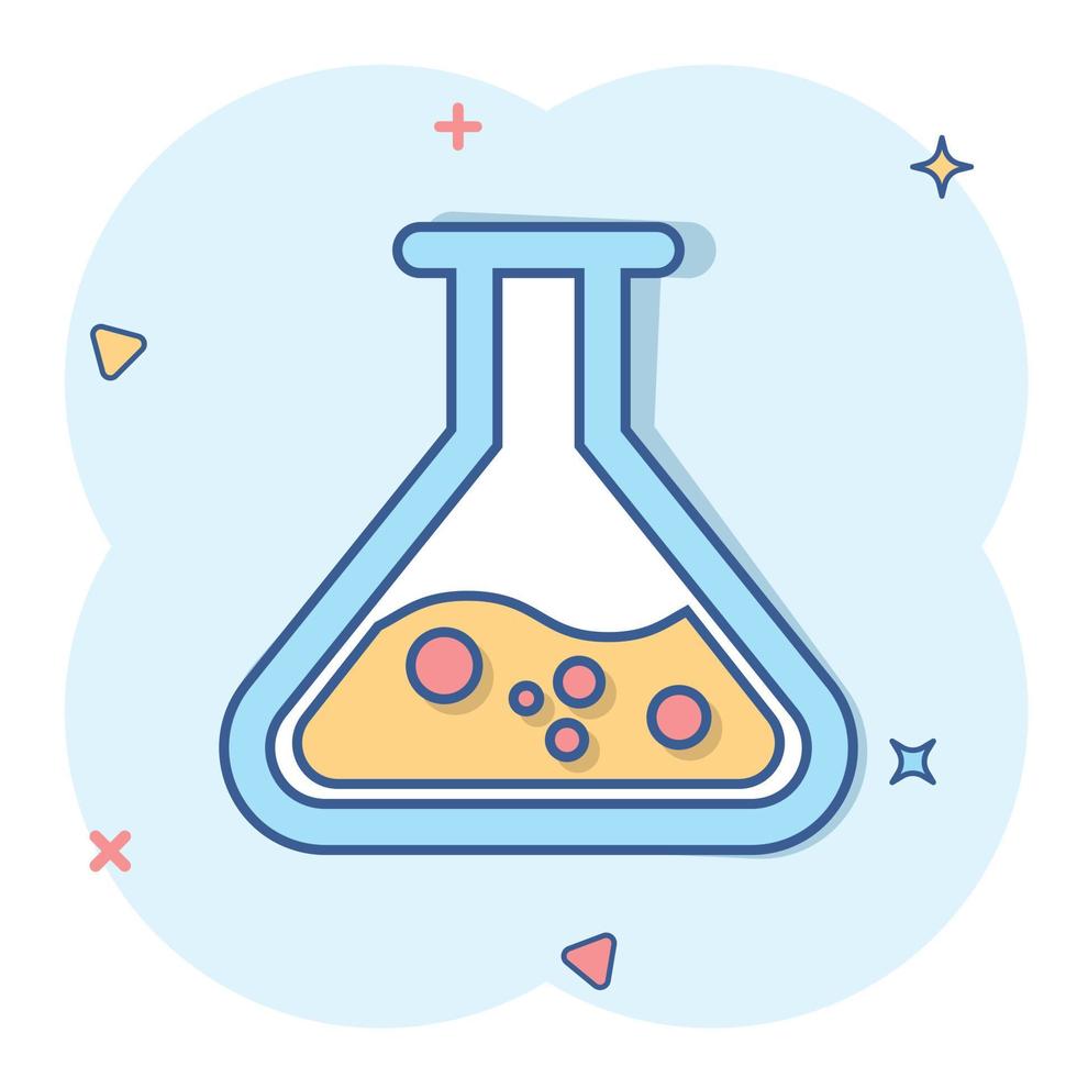 les béchers de chimie signent l'icône dans le style comique. illustration de dessin animé de vecteur de tube à essai de flacon sur fond blanc isolé. effet d'éclaboussure de concept d'entreprise d'alchimie.