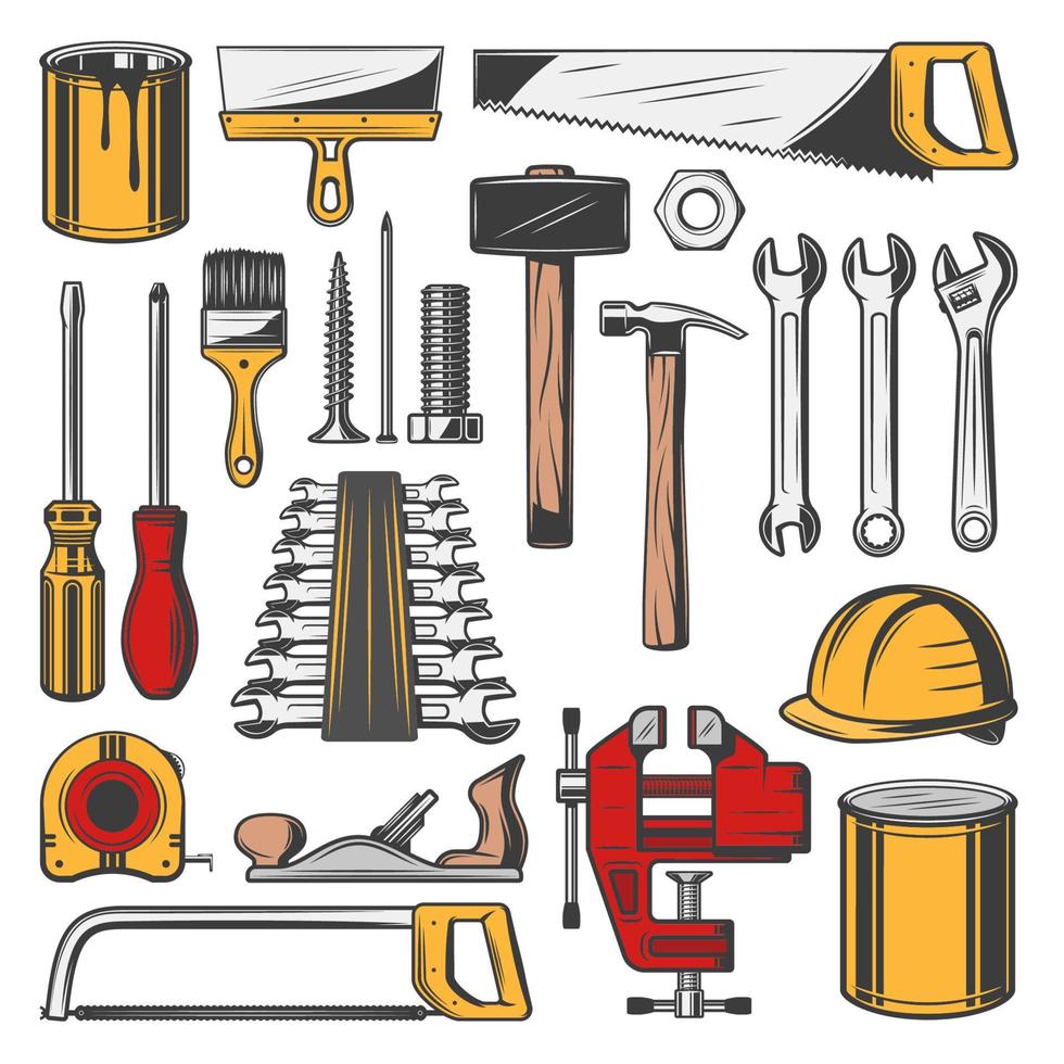 outils de réparation, menuiserie et icônes de construction vecteur