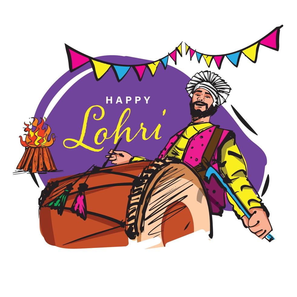 heureux lohri. homme punjabi célébrant le festival de lohri. vecteur