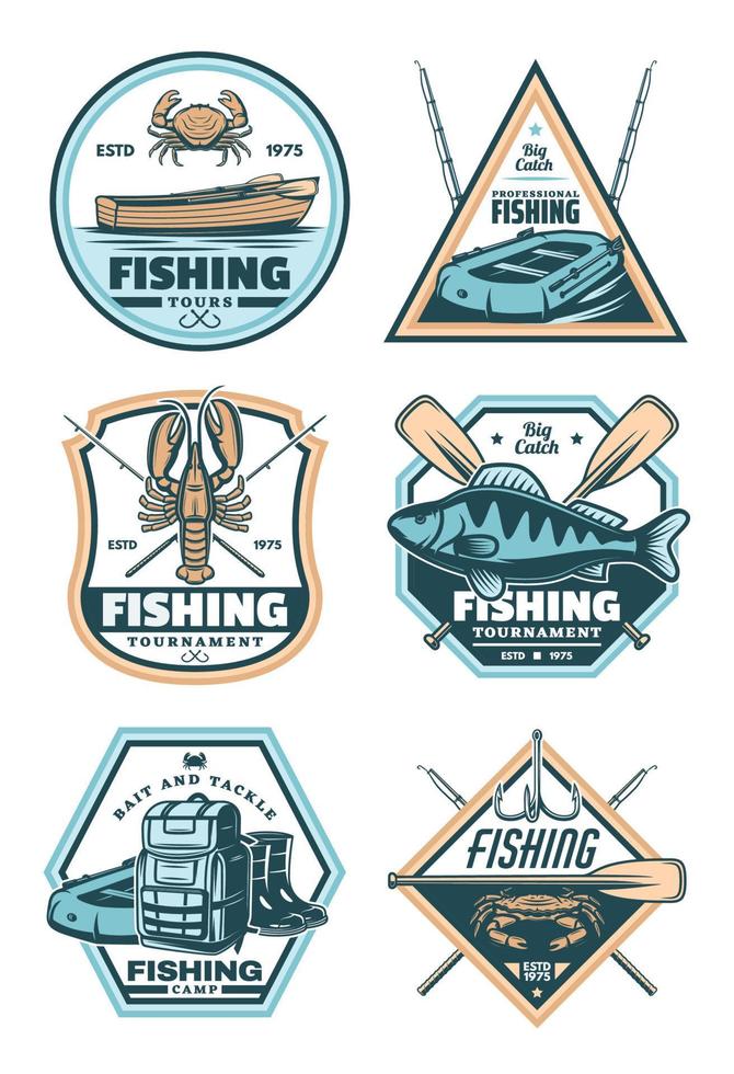 insigne vintage de pêche avec poisson, canne et hameçon vecteur