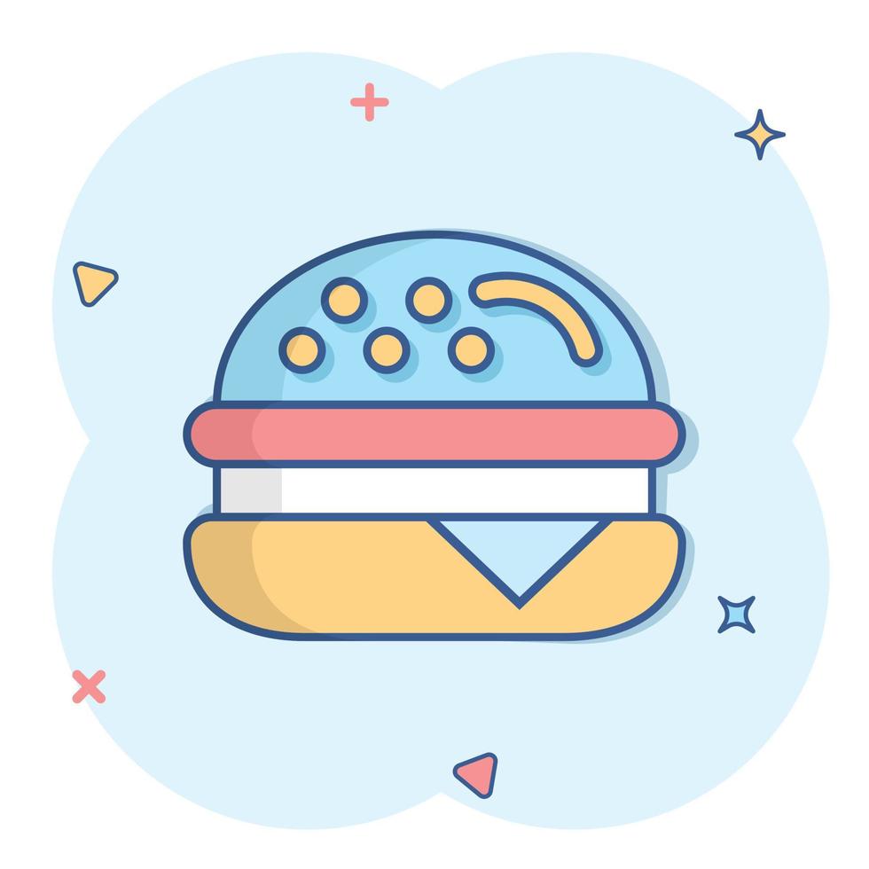 icône de signe de hamburger dans le style comique. illustration de dessin animé de vecteur de hamburger sur fond blanc isolé. effet d'éclaboussure du concept d'entreprise cheeseburger.