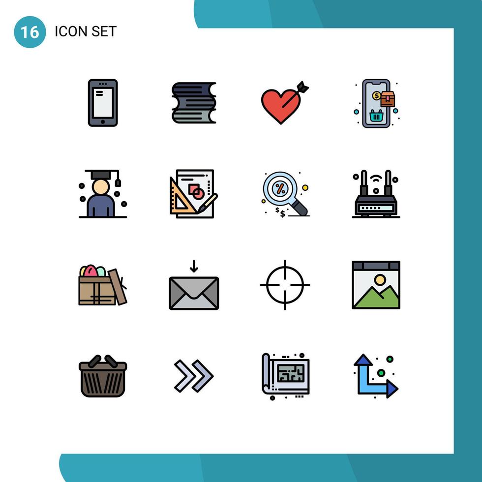 interface mobile ligne remplie de couleurs plates ensemble de 16 pictogrammes de remise des diplômes avatar flèche commande d'achat éléments de conception vectoriels créatifs modifiables vecteur
