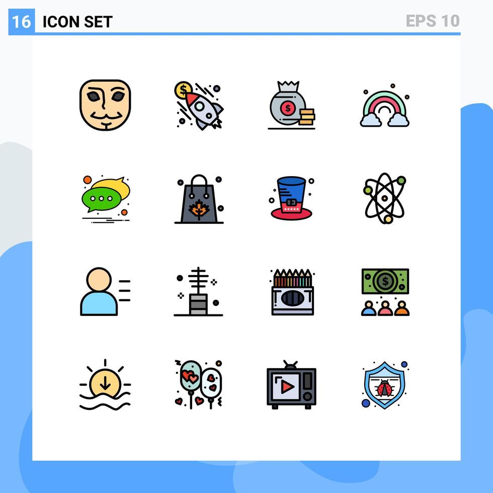 interface mobile ligne remplie de couleurs plates ensemble de 16 pictogrammes de message chat sac vague arc-en-ciel éléments de conception vectoriels créatifs modifiables vecteur