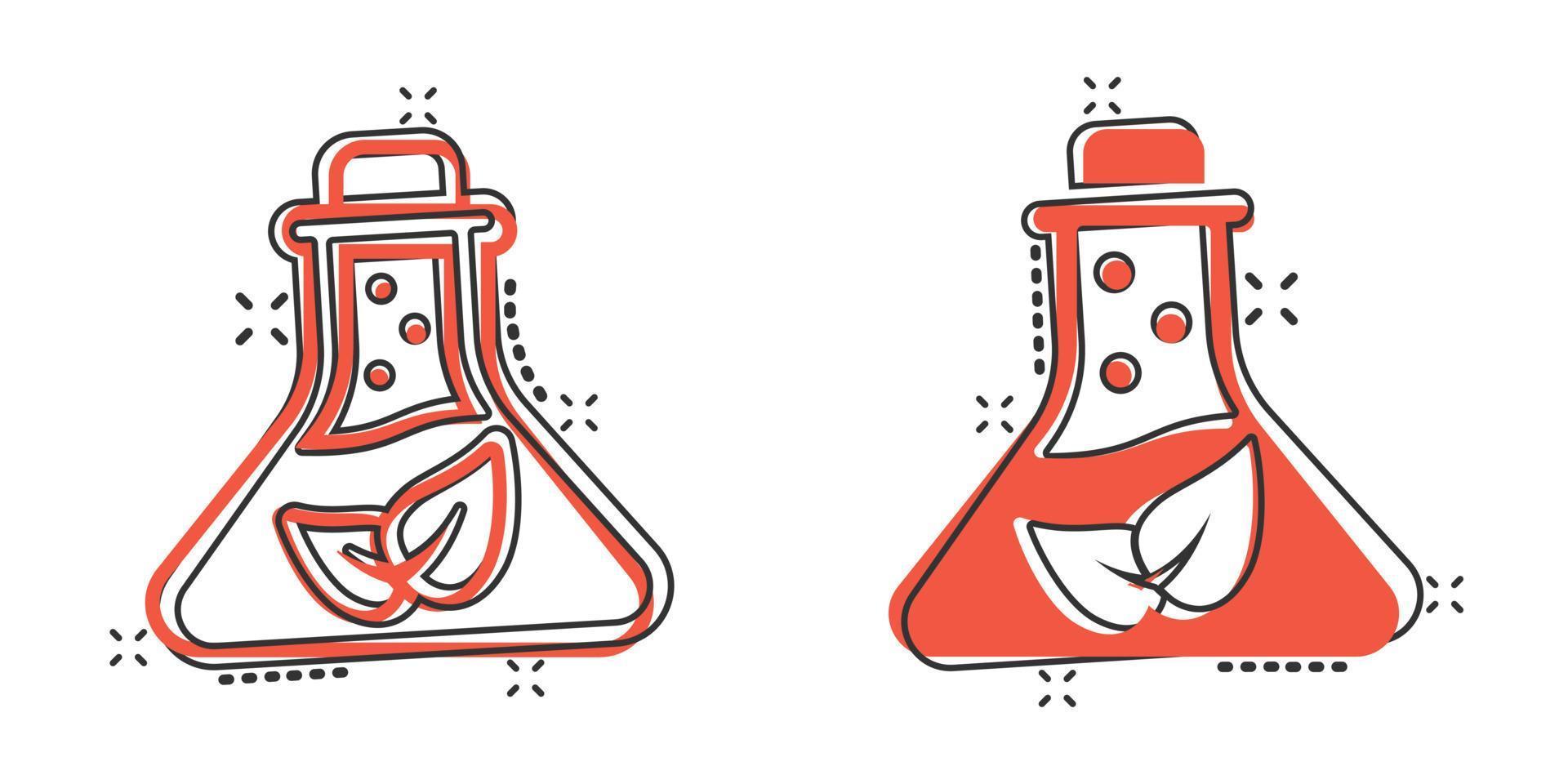icône de verre de chimie dans un style plat. flacon de laboratoire avec illustration vectorielle de feuille sur fond blanc isolé. concept d'entreprise de signe d'analyse de la nature. vecteur
