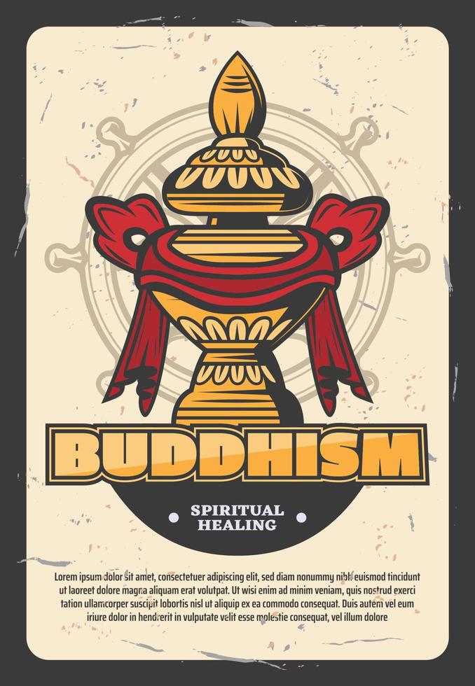 bouddhisme religion orientale affiche avec vase en or vecteur