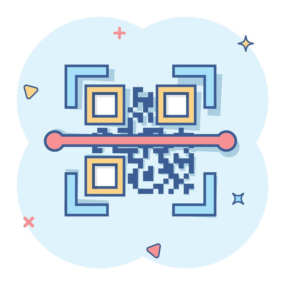 icône de numérisation de code qr dans le style comique. illustration de dessin animé de vecteur d'identification de scanner sur fond blanc isolé. effet d'éclaboussure de concept d'entreprise de code à barres.