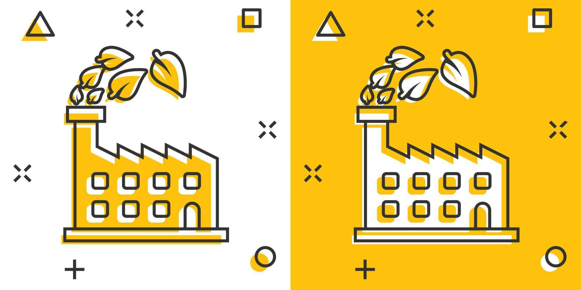 icône d'écologie d'usine dans le style comique. illustration de vecteur de dessin animé eco plante sur fond blanc isolé. concept d'entreprise d'effet d'éclaboussure de l'industrie de la nature.