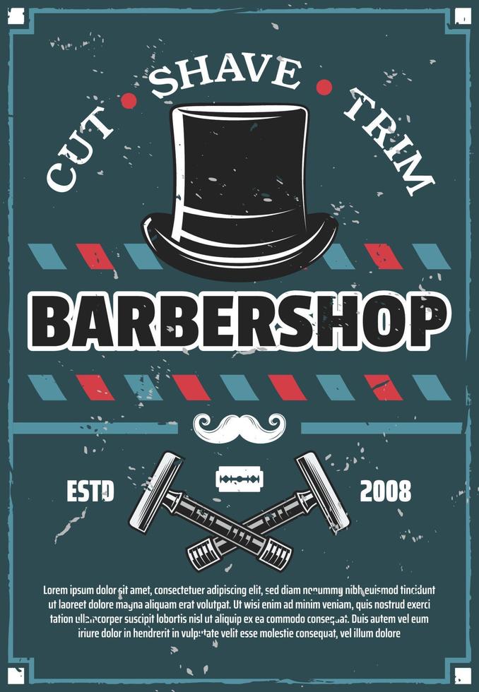 barbershop barber rasoir, moustache et chapeau rétro vecteur