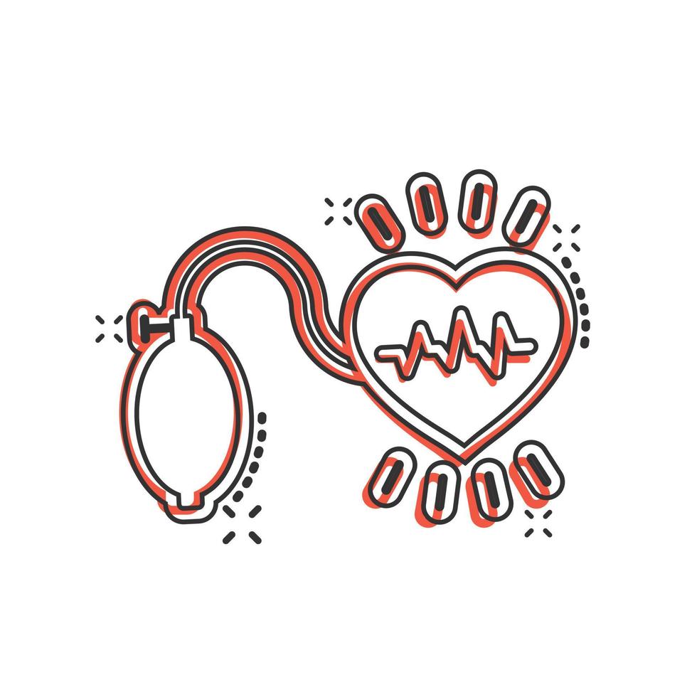icône de la pression artérielle dans le style comique. illustration de vecteur de dessin animé de moniteur de rythme cardiaque sur fond isolé. concept d'entreprise de signe d'effet d'éclaboussure de diagnostic d'impulsion.