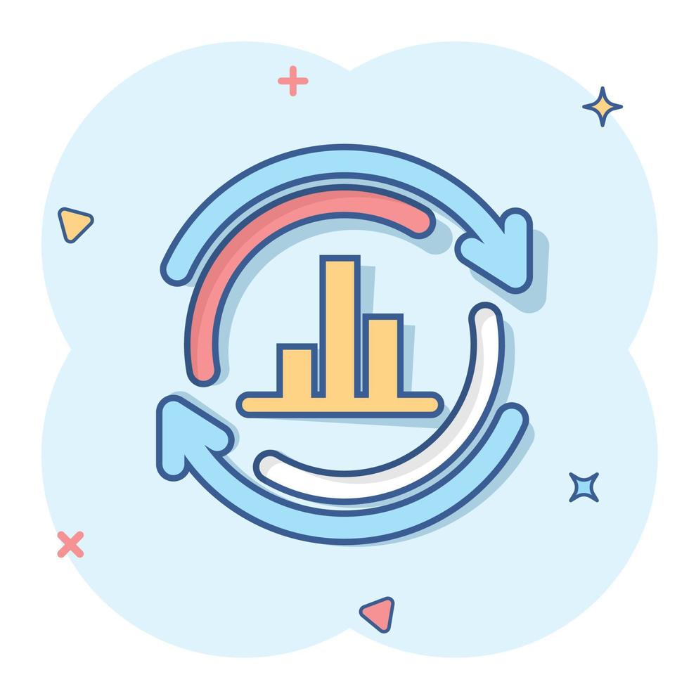 icône de graphique à barres croissante dans le style comique. augmenter l'illustration de vecteur de dessin animé de flèche sur fond blanc isolé. concept d'entreprise d'effet d'éclaboussure de progrès infographique.