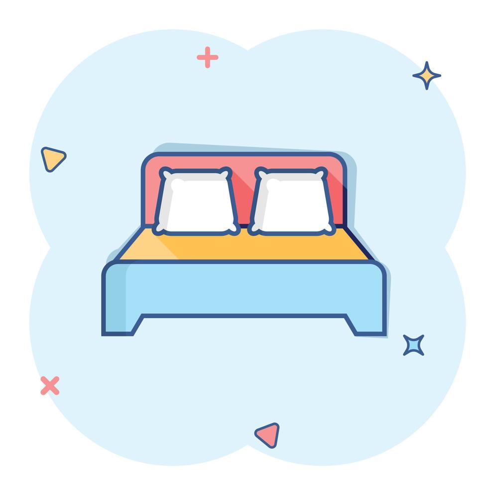 icône de lit dans le style comique. pictogramme d'illustration de dessin animé de vecteur de chambre à coucher de sommeil. Détendez-vous l'effet d'éclaboussure du concept d'entreprise de canapé.