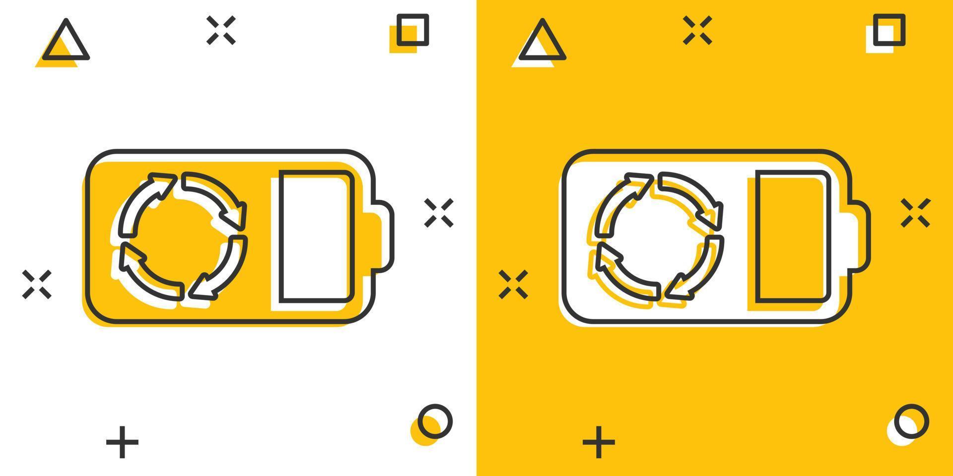 icône de la batterie dans le style comique. illustration de vecteur de dessin animé d'accumulateur sur fond blanc isolé. concept d'entreprise d'effet d'éclaboussure de chargeur d'énergie.