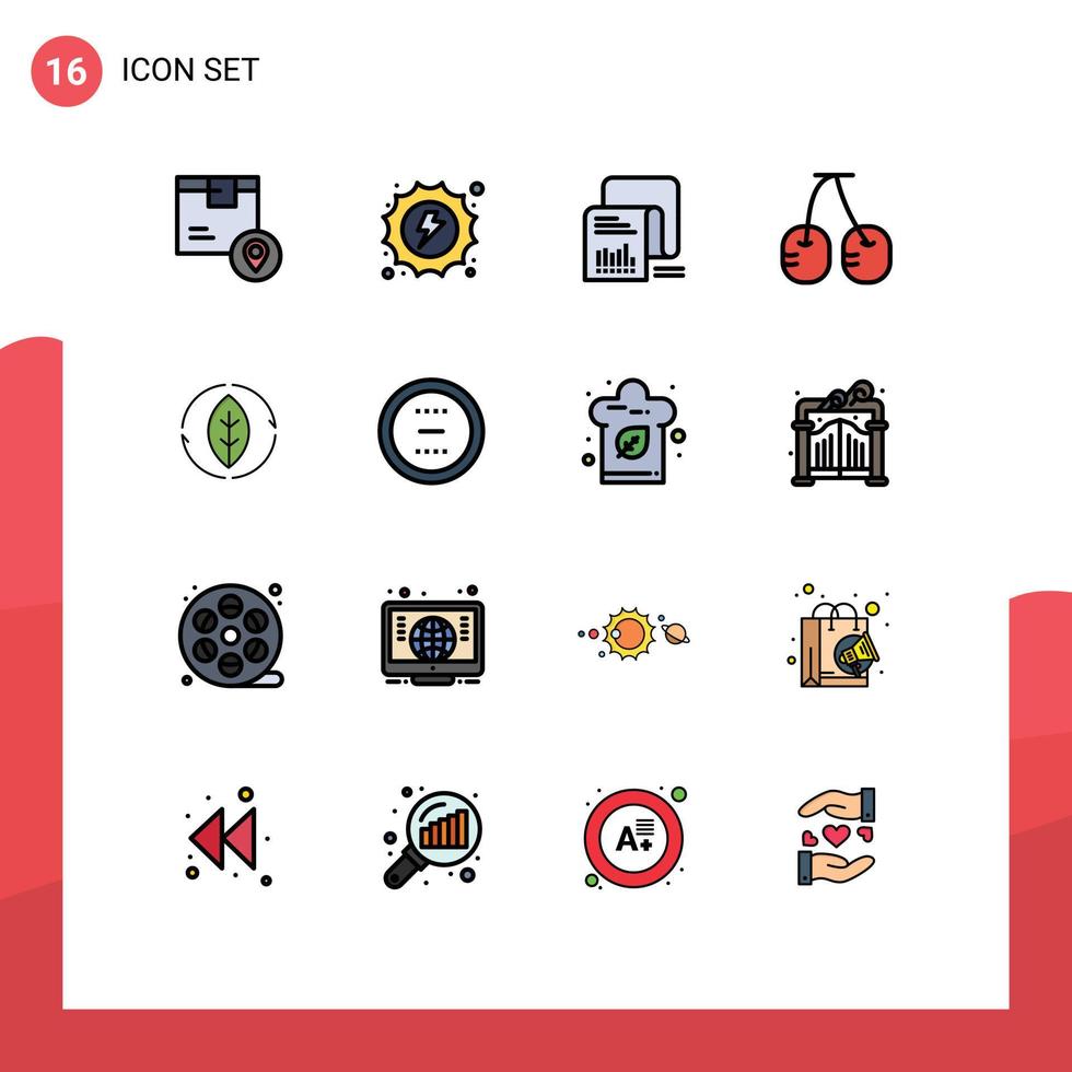 ensemble moderne de 16 lignes et symboles remplis de couleurs plates tels que les éléments de conception vectorielle créative modifiables de la liste des cerises hydroélectriques de fruits vecteur